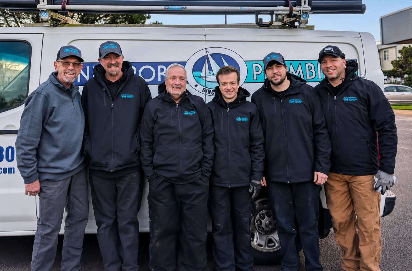 The Newport Plumbing crew standing together in front of the company van